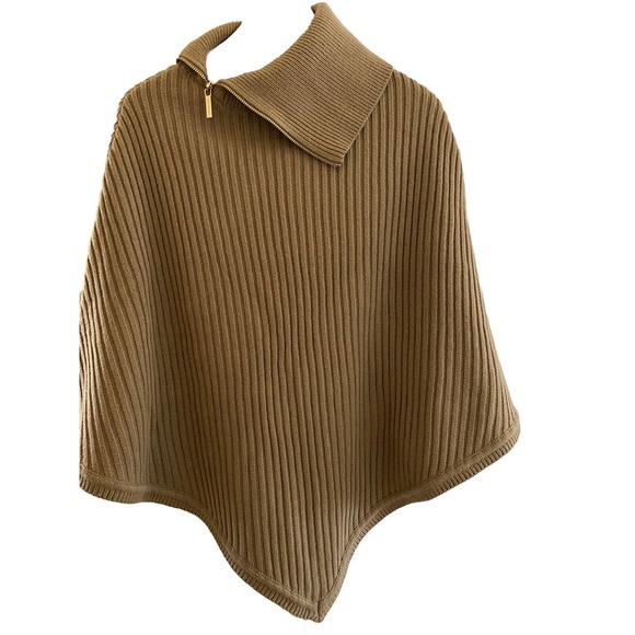 New MICHAEL KORS Women’s‎ Ribbed Gold Zip Turtleneck Poncho Shawl Tan Camel OS - Picture 1 of 6